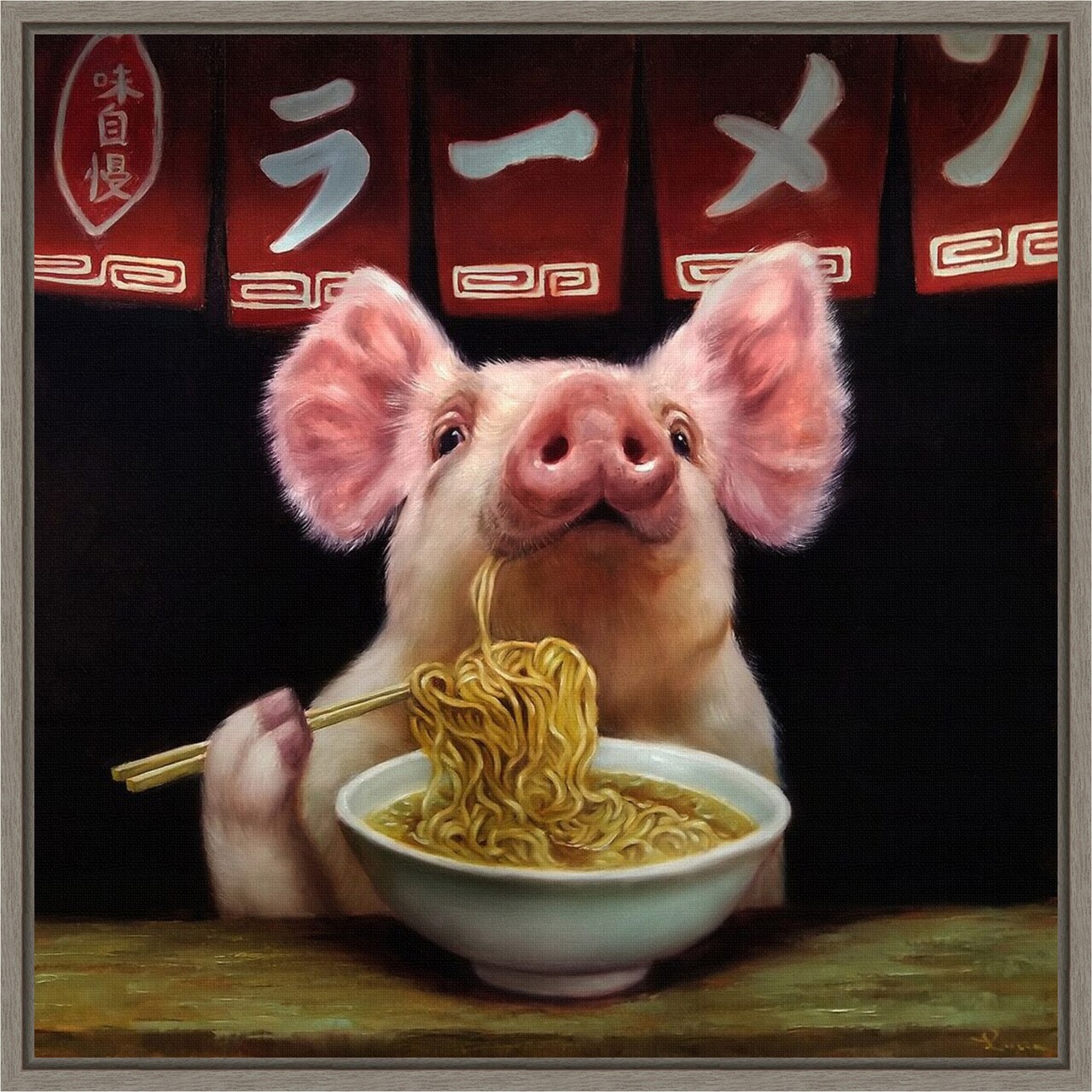 Oodles of Noodles (Pig) by Lucia Heffernan 16-in. W x 16-in. H. Canvas Wall Art Print Framed in Grey
